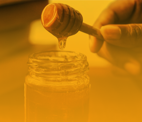 un apiculteur tient une cuillère à miel au dessus d'un pot de miel